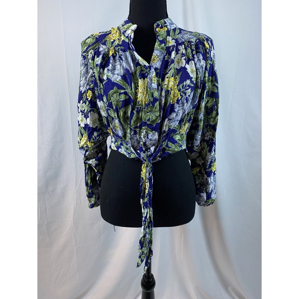 Rachel Roy Long Sleeve Button Up Cropped Summer Floral‎ Top Women's Size Medium